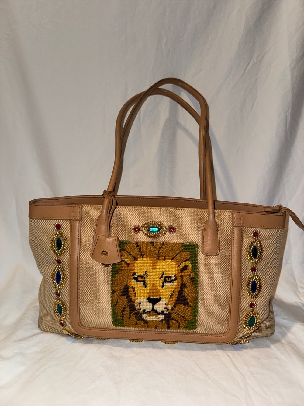 Etienne Aigner Lion Tapestry Jeweled Canvas Leather Tote Bag Embellished